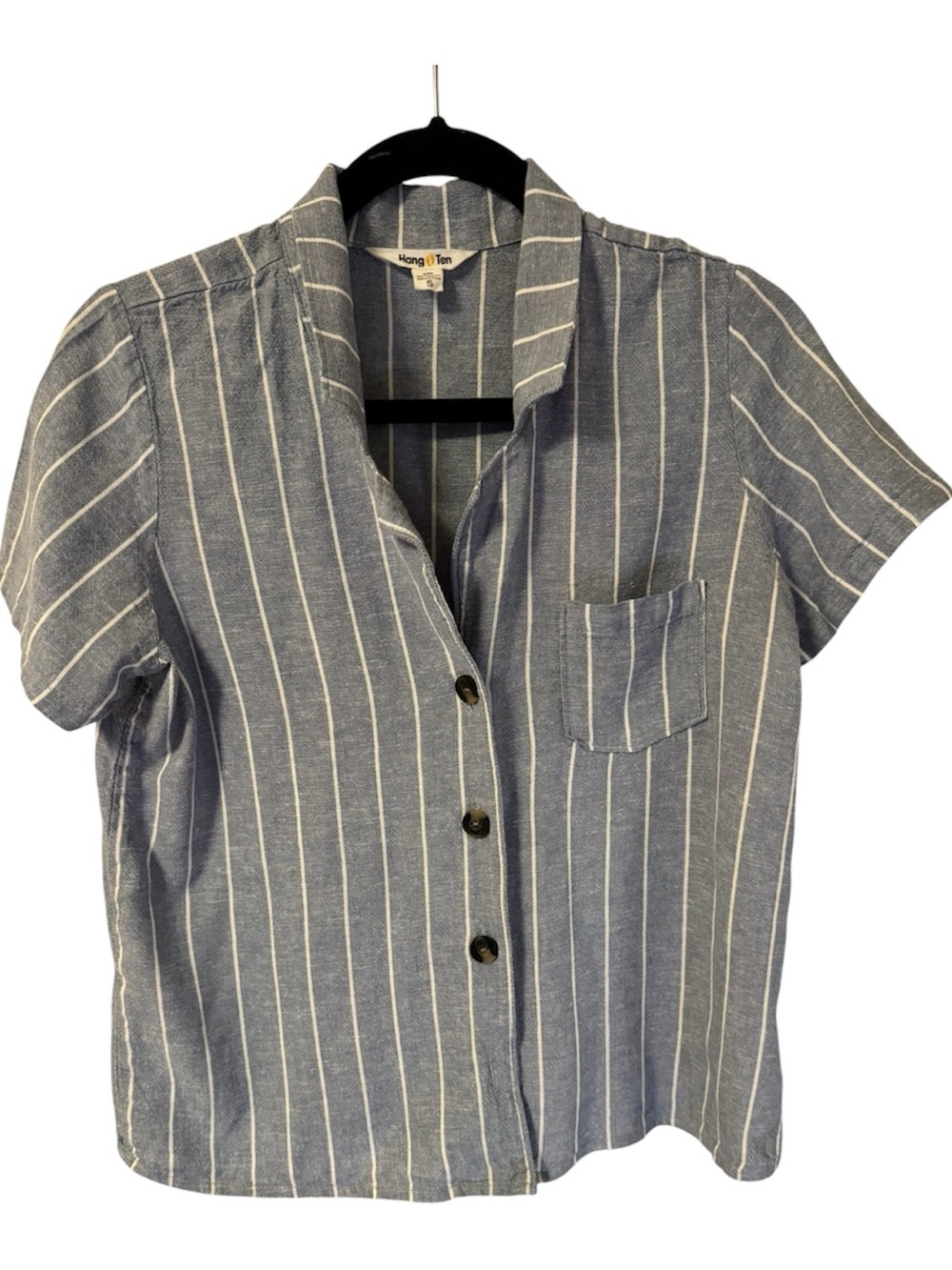 Hang Ten Blue and White Vertical Stripe Short Sleeve Button-Down